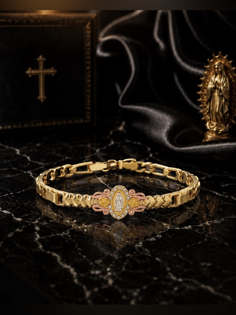 18K Gold Rhinestone and Rose Gold Religious Medallion Bracelet